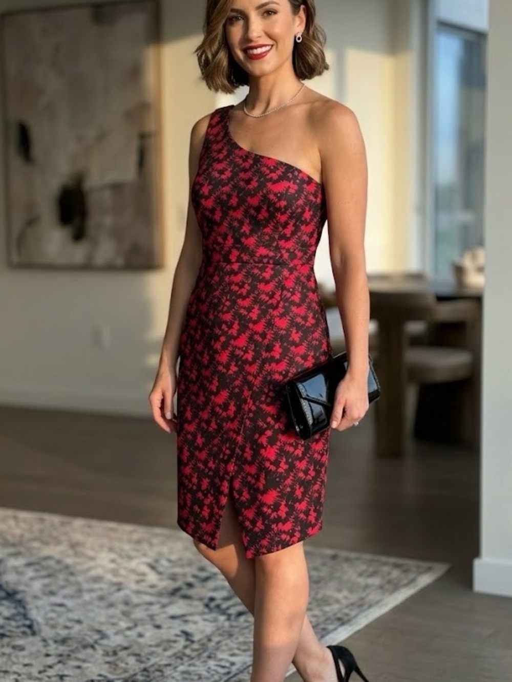 Kensie One-Shoulder Red and Black Abstract Print Cocktail Dress Wedding Party
